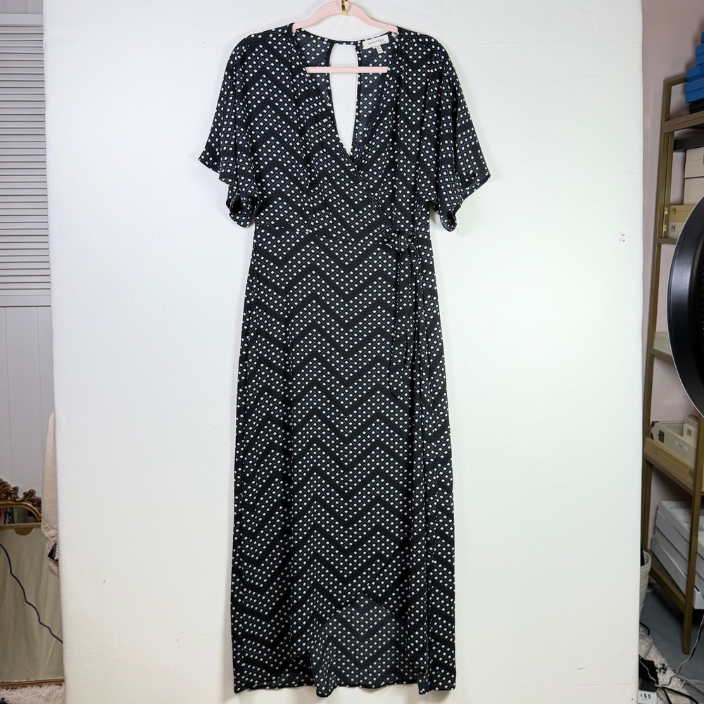 MONTEAU Black Diamond Print Faux Wrap Flutter Sleeve Maxi Dress PL